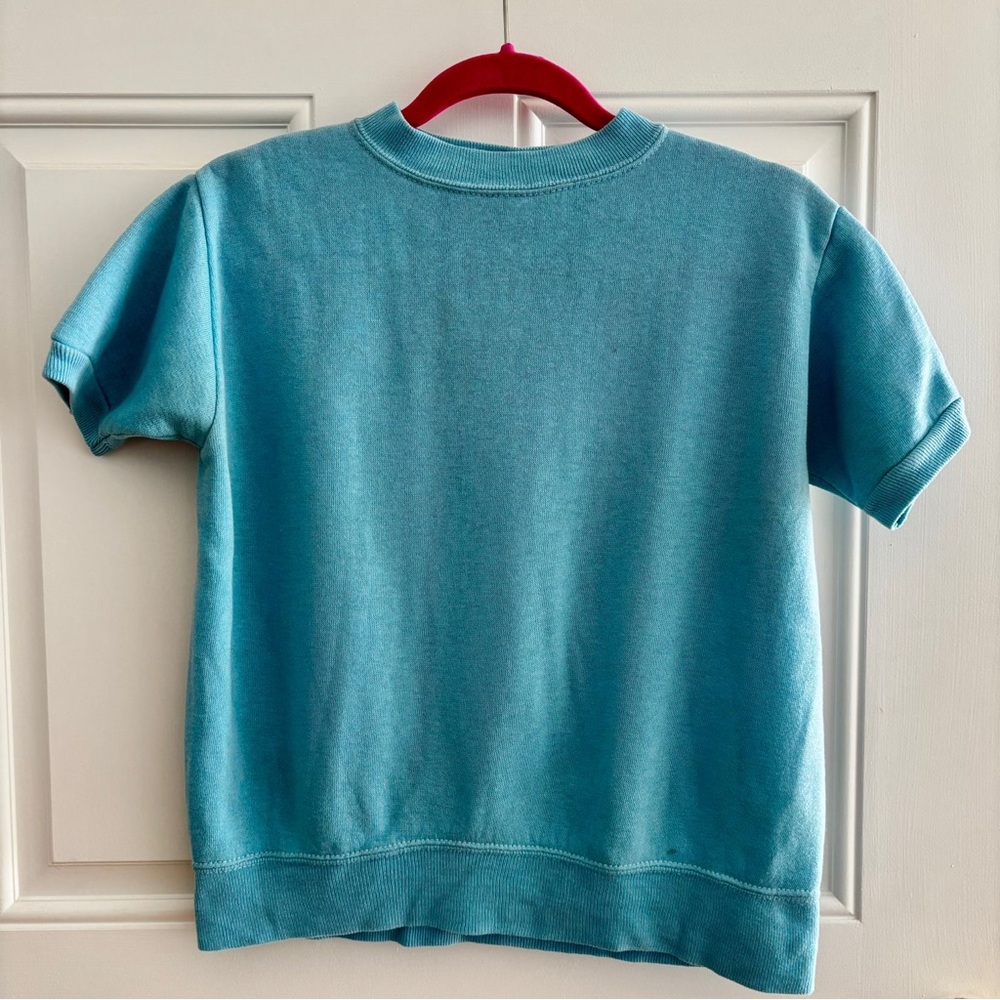 Vintage 70s Glenbrooke Teal Blue Short Sleeve Sweatshirt Medium Creslan